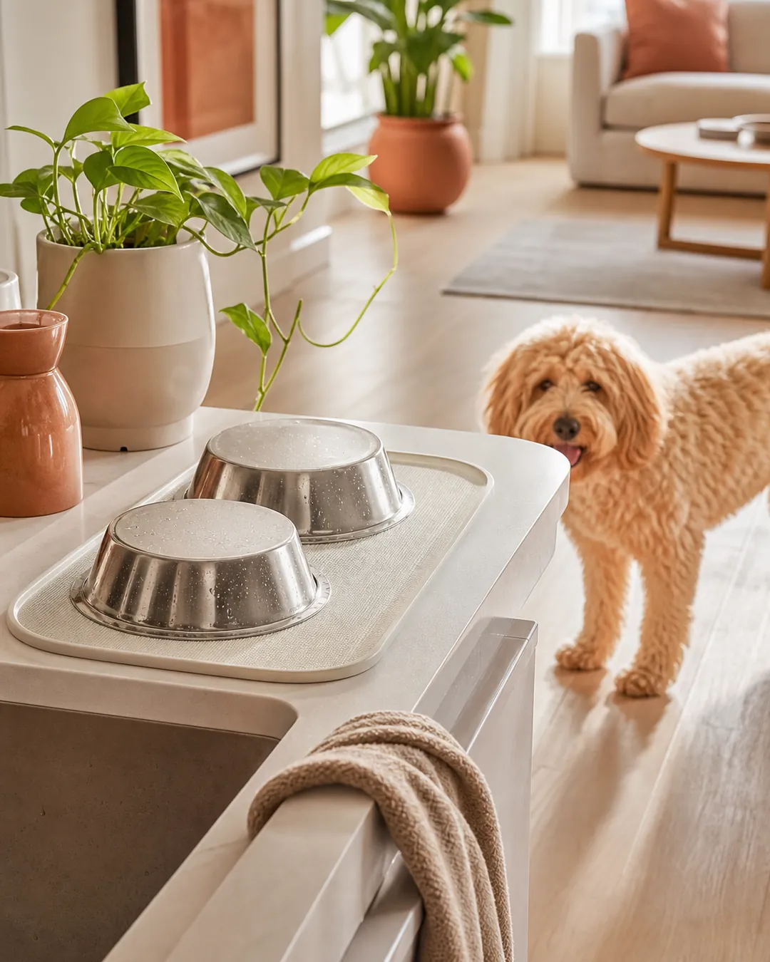 Two stainless dog bowls draining upside down on a rack beside a sink