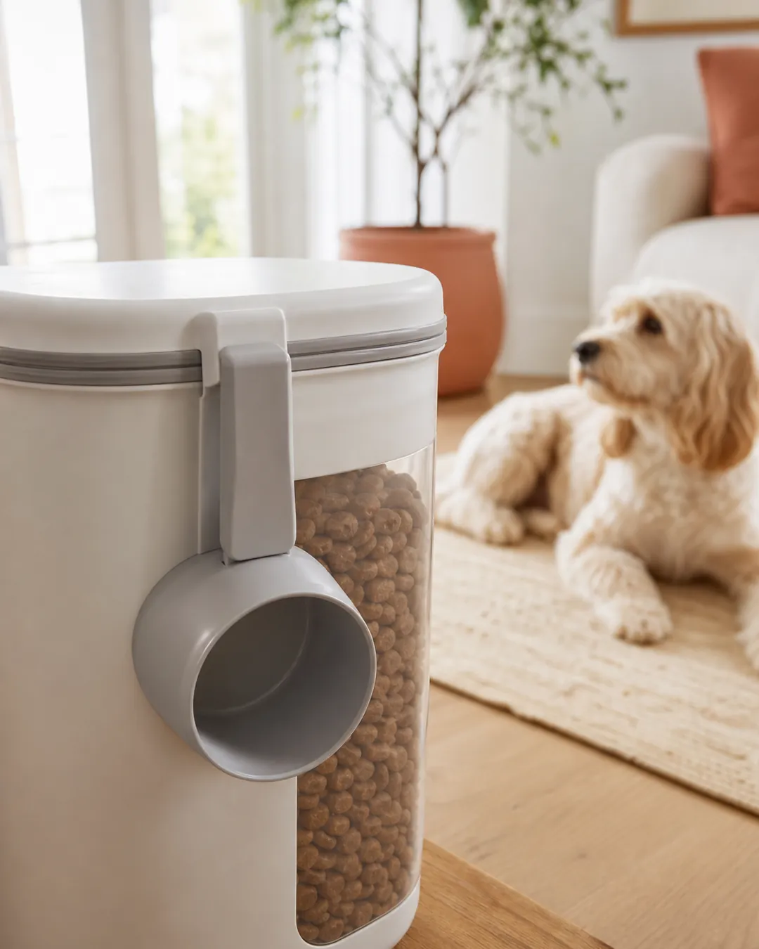 Measuring scoop clipped to the outside lid of a food storage container