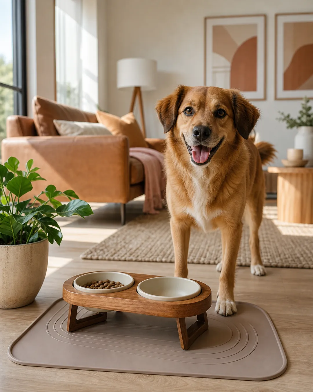 Silicone mat under both bowls and the stand with a dog standing on it