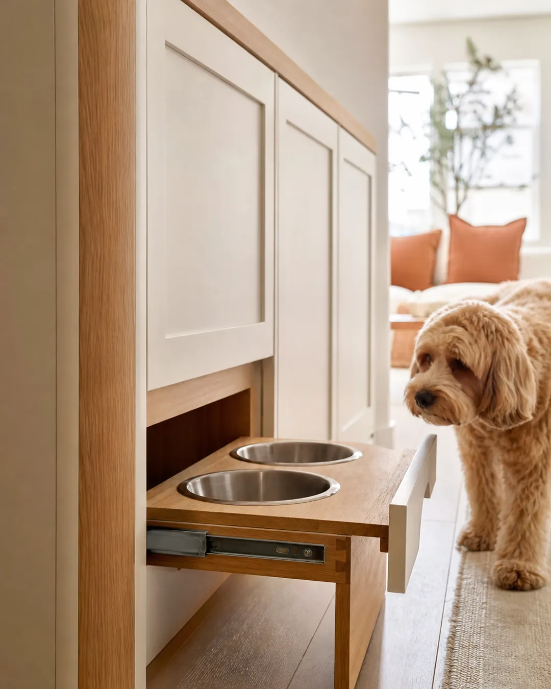Feeding station at the end of a kitchen cabinet run, clear of the path