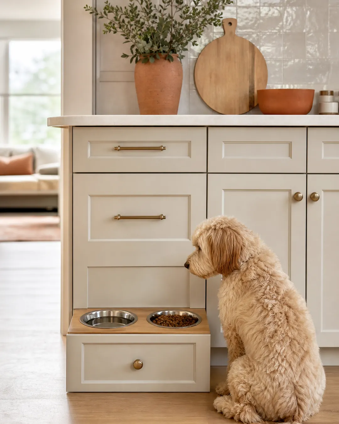 Feeding station sitting flush with the front edge of the kitchen cabinets
