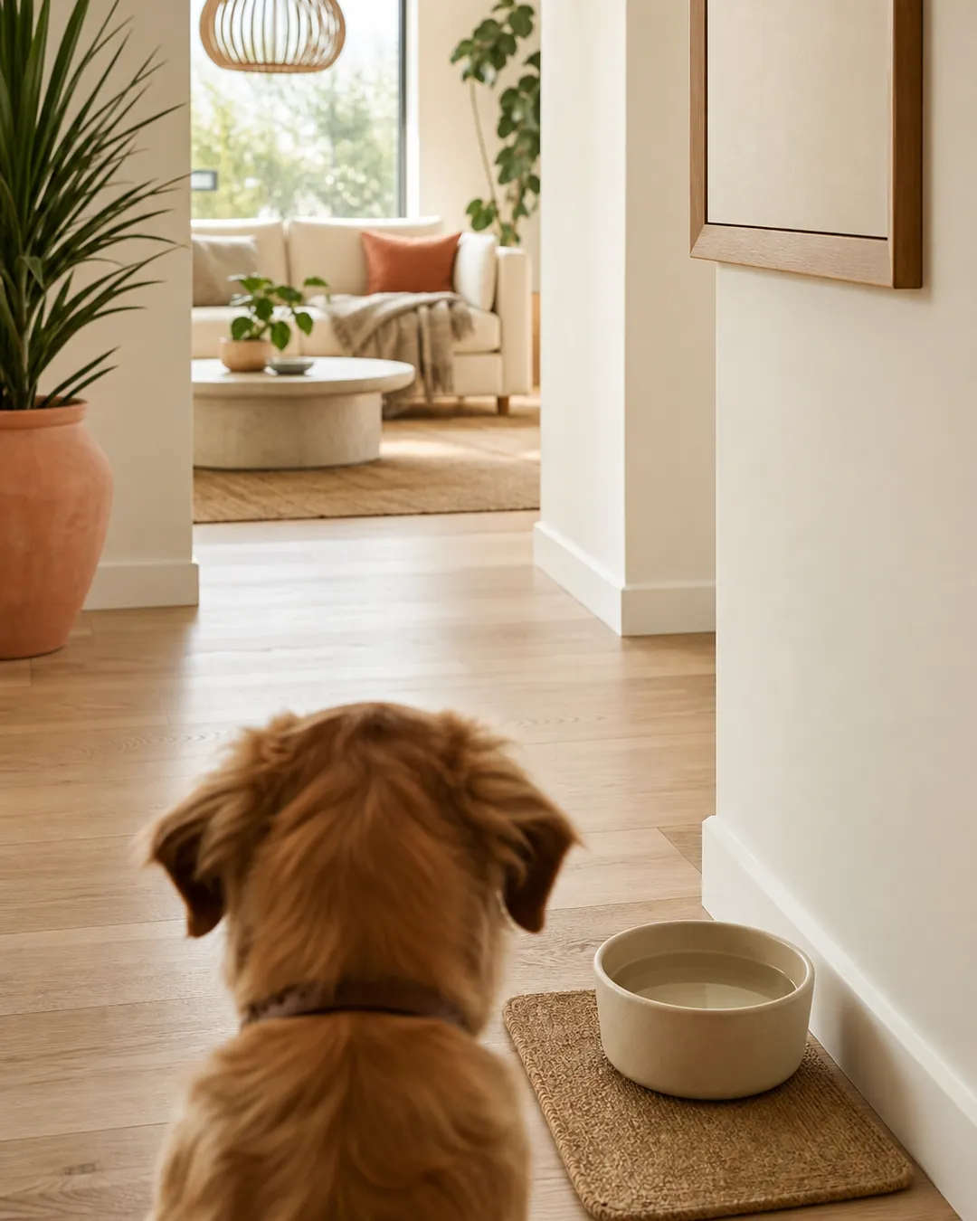 Water bowl on a mat in a hallway away from the kitchen feeding station