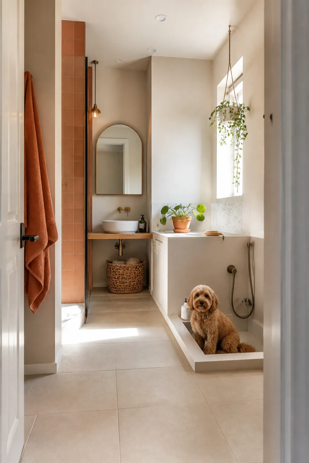 Bare tiled bathroom corner set up for dog grooming with no rug or carpet nearby