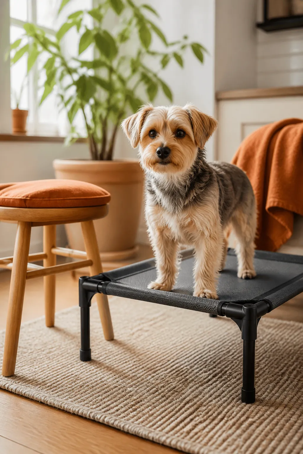 Small dog standing on a raised mesh pet cot at knee height beside a stool