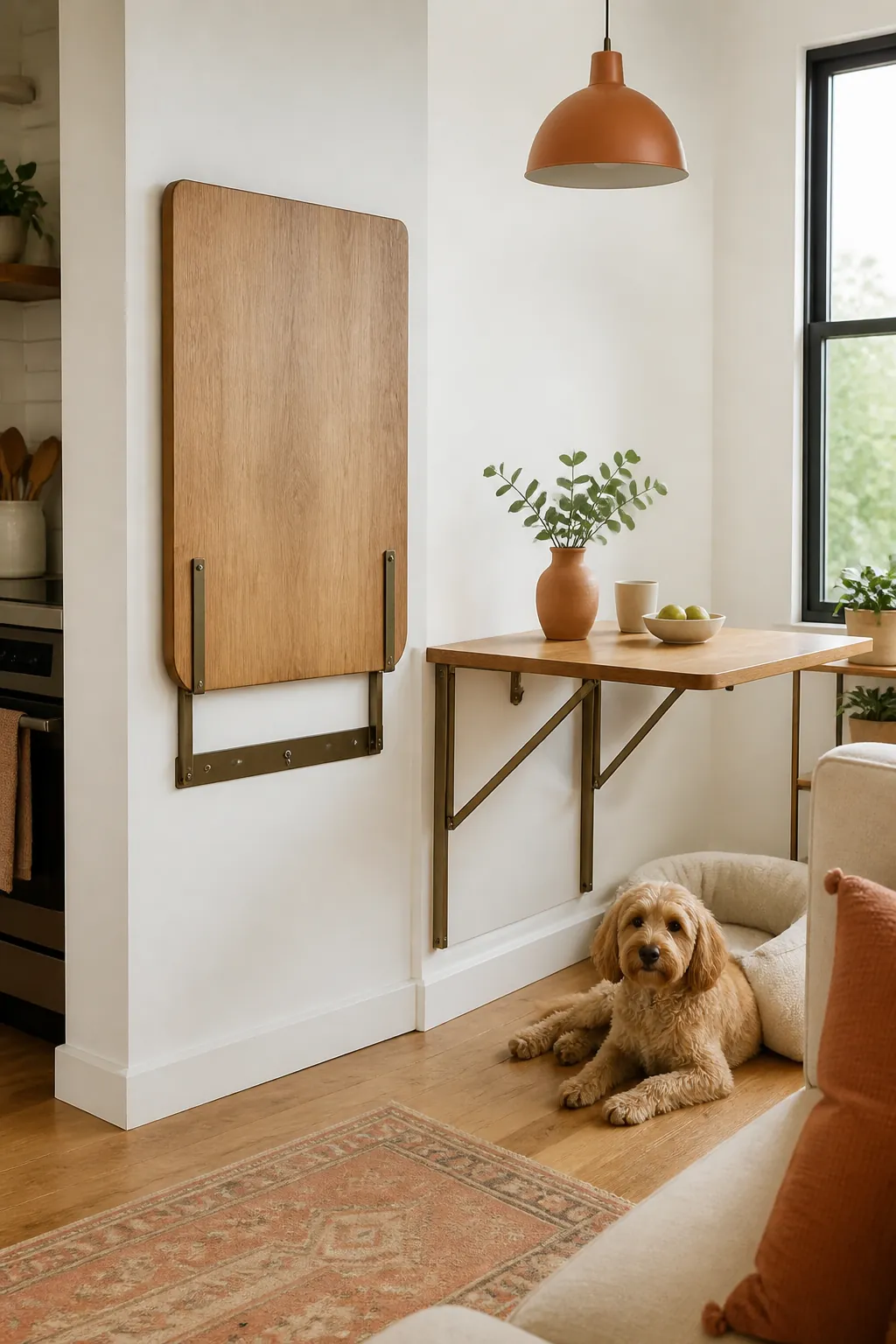 Fold-down wall table shown folded flat on one side and dropped open on the other