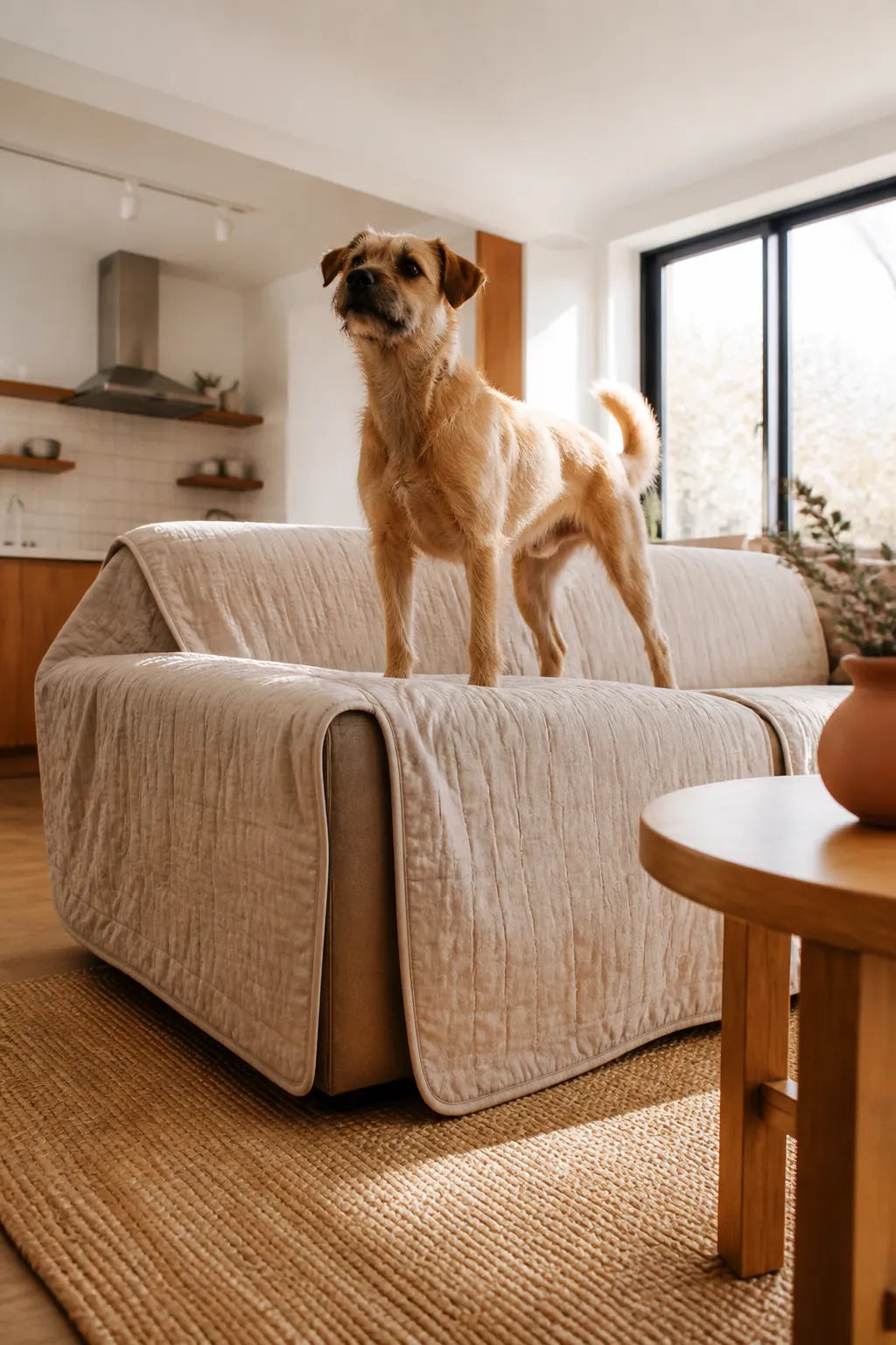 Washable fabric cover draped over armchair cushions with a dog standing on it