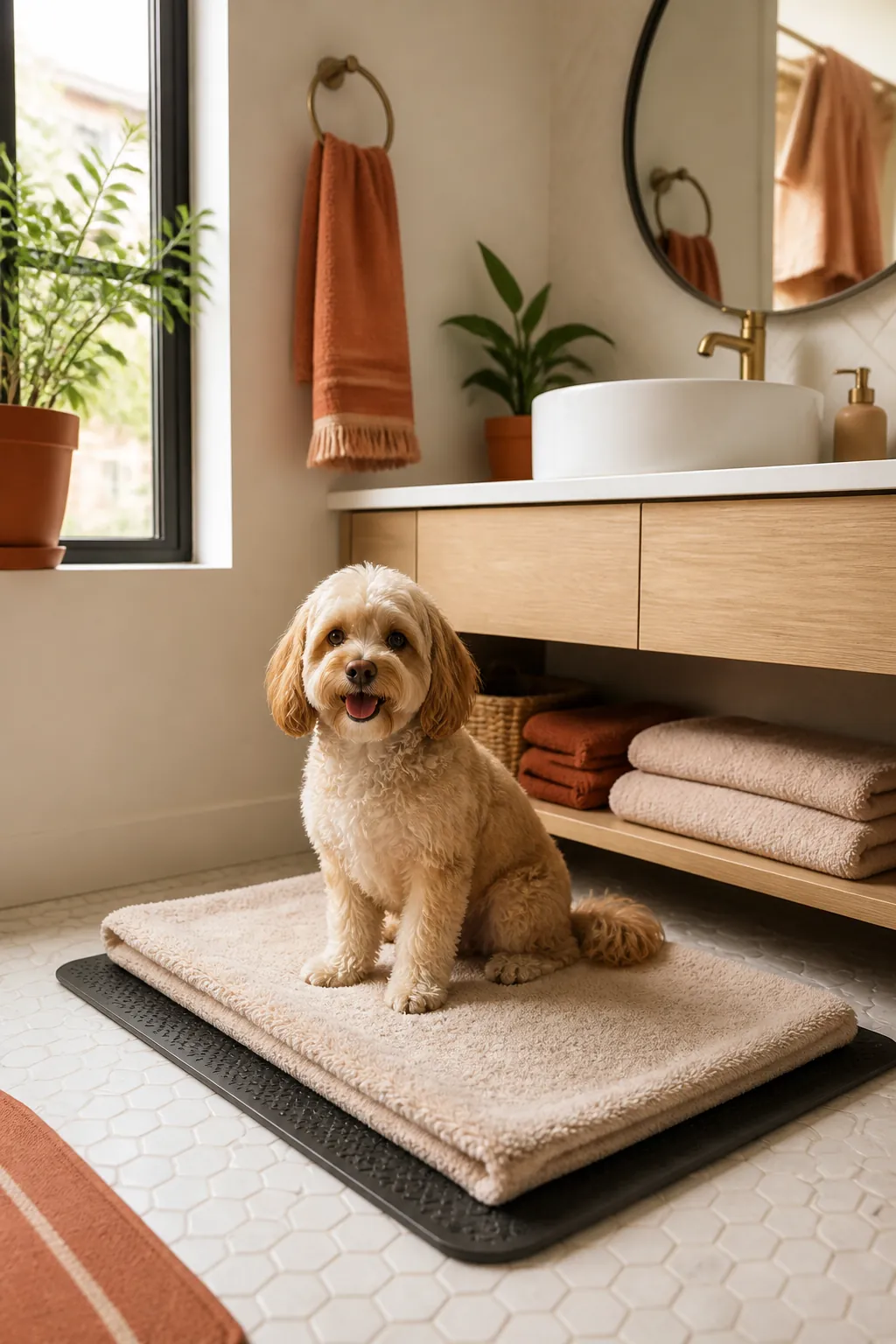 Rubber-backed mat layered under an absorbent towel on a bathroom floor at a grooming station