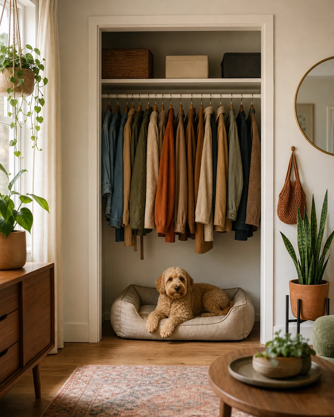 Dog bed on a cleared closet floor with coats hanging on the rail above it