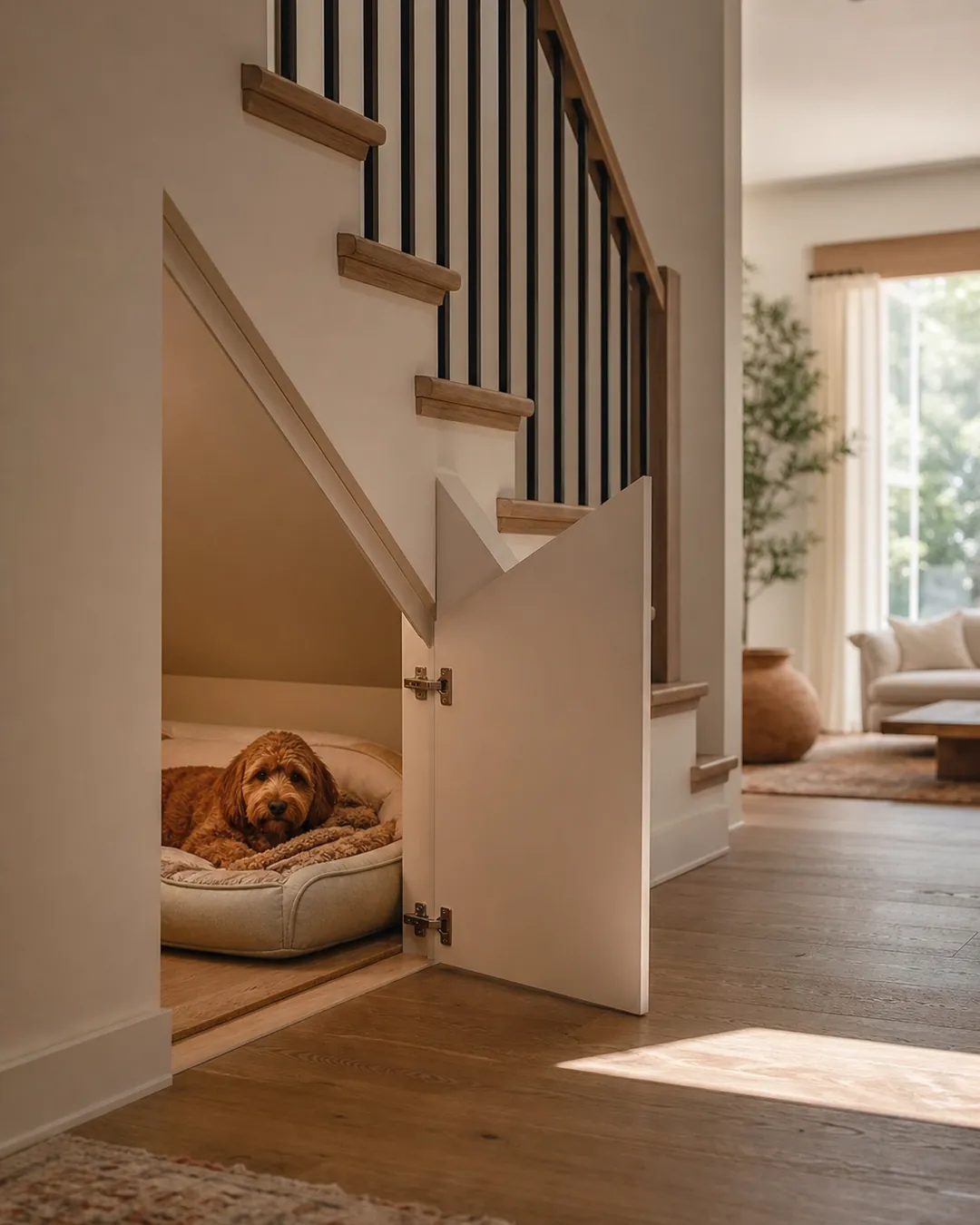 Dim under-stair nook with a dog bed and sunlight falling on the floor beyond