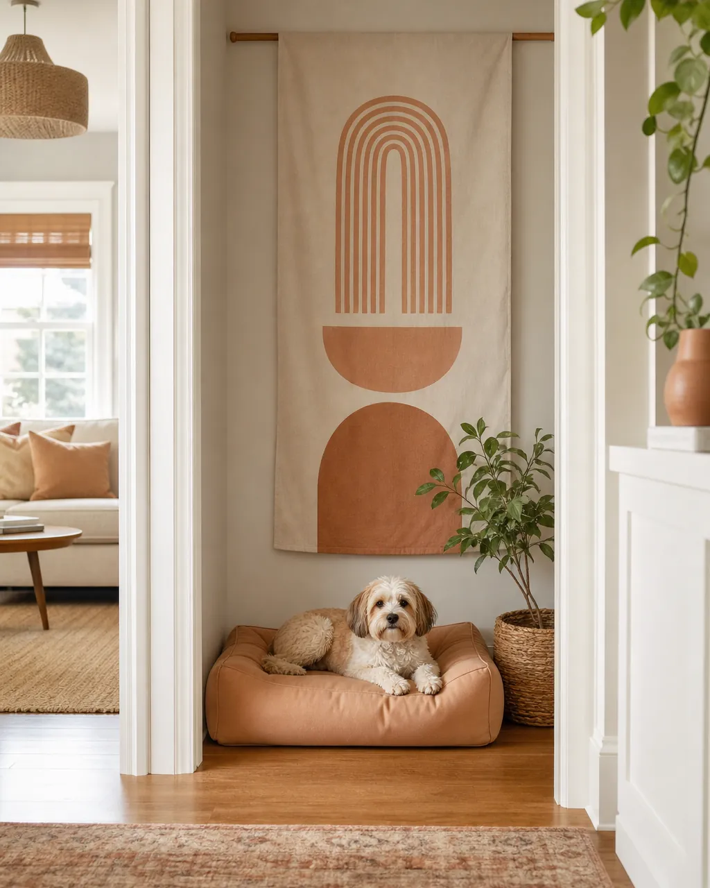 Hanging fabric panel on the wall behind a dog bed set into an alcove
