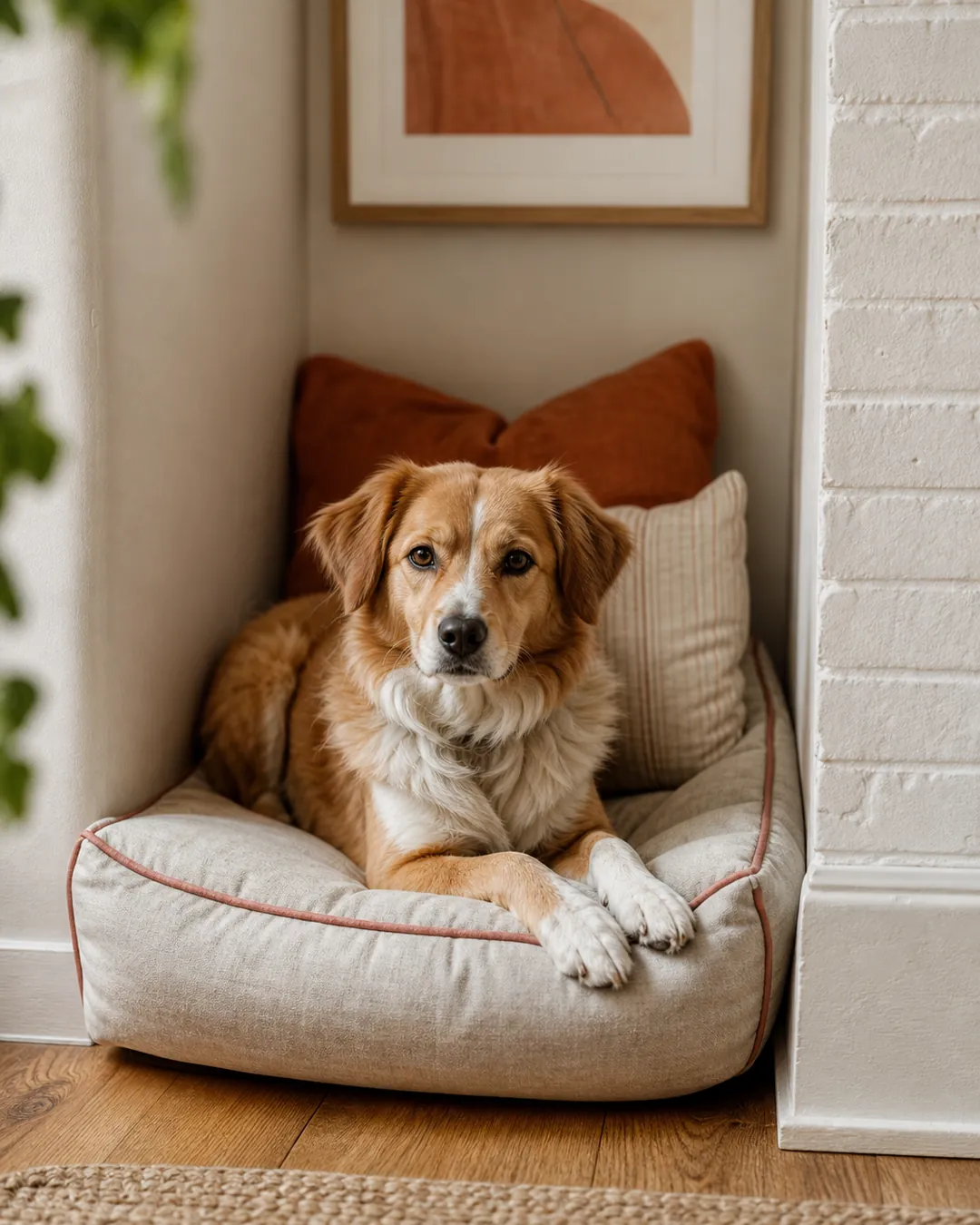 Dog bed fitted into a narrow alcove beside a chimney breast, walls both sides