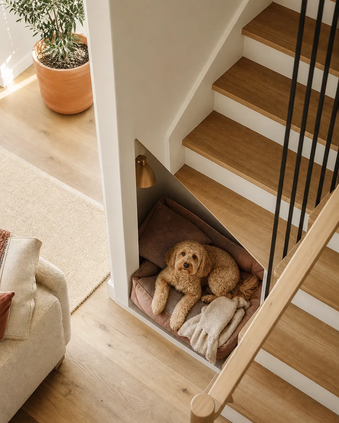 Dog bed at the tall end of an under-stair space with headroom clear above