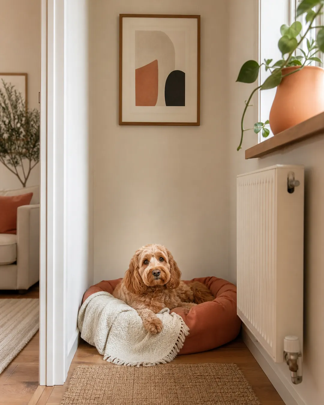 Dog bed at a hallway dead end with walls on three sides and a radiator nearby