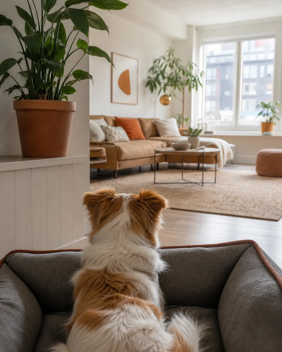 Dog resting in a corner bed with a clear line of sight across the living room