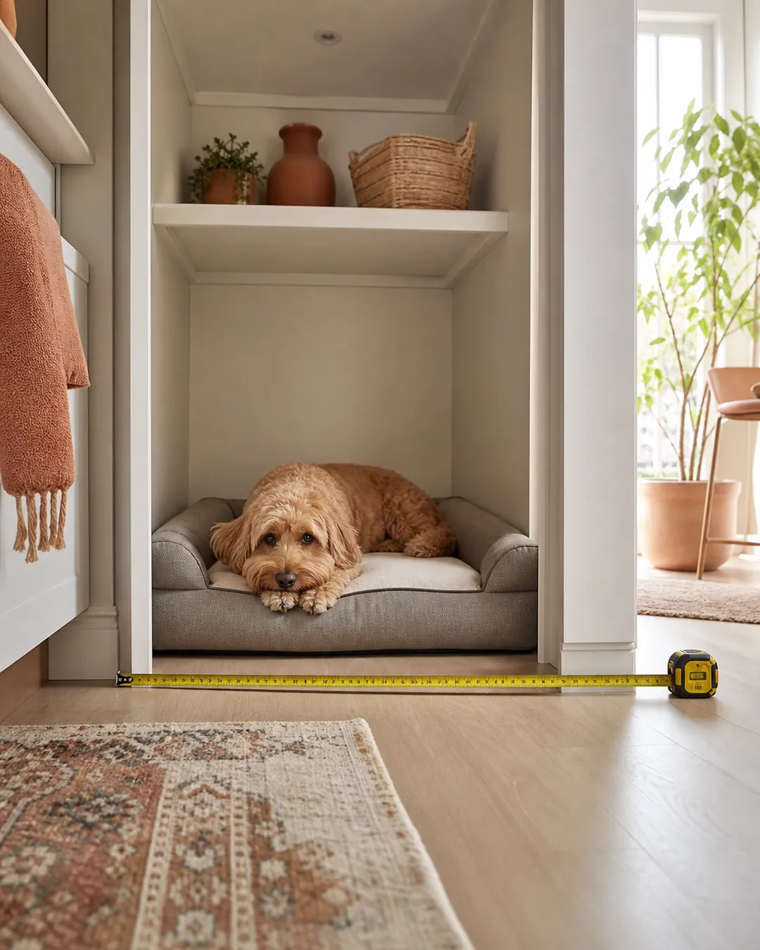 Tape measure across an alcove floor beside a waterproof orthopedic dog bed