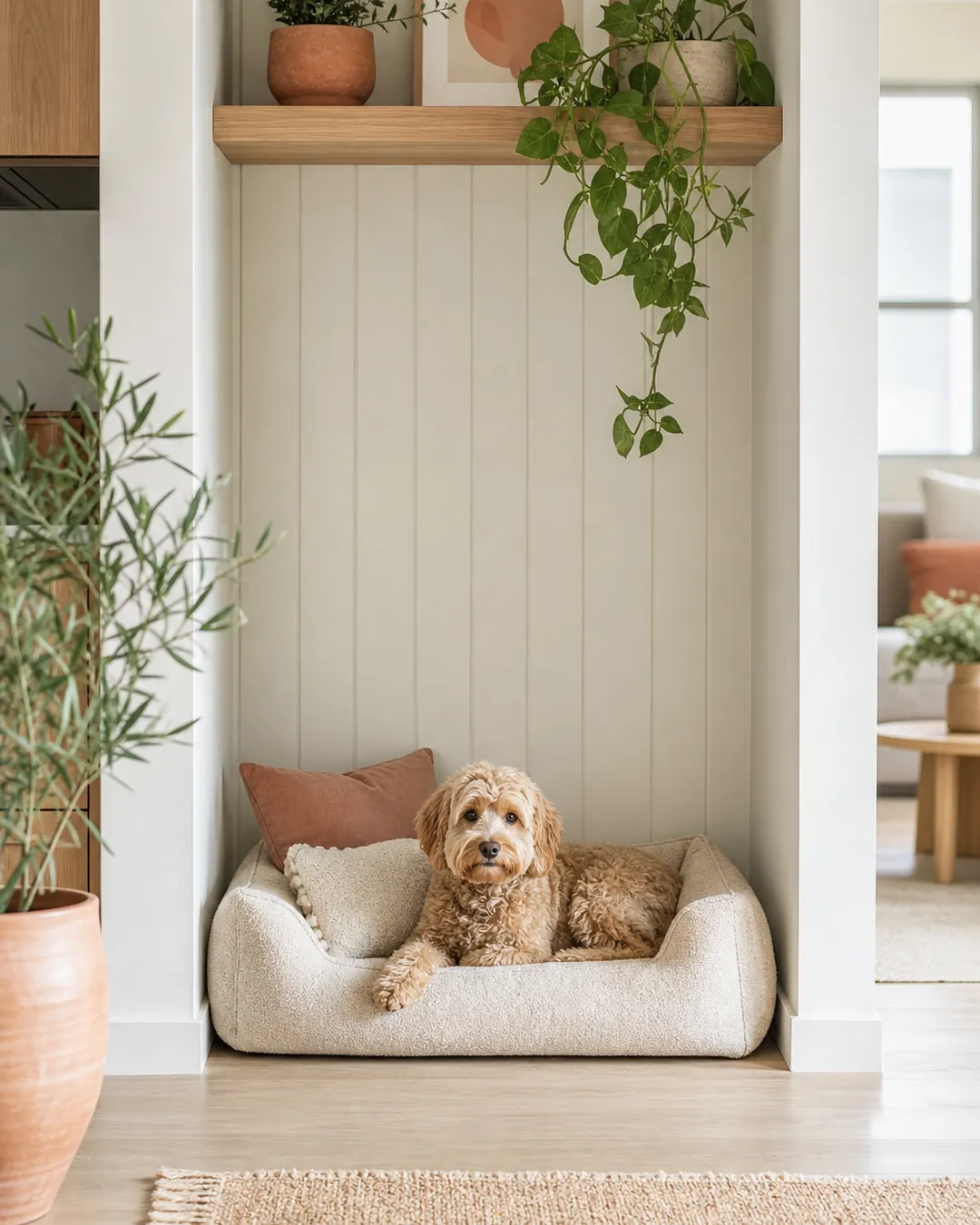 Dog bed in an alcove with several inches of clear floor left on the open side