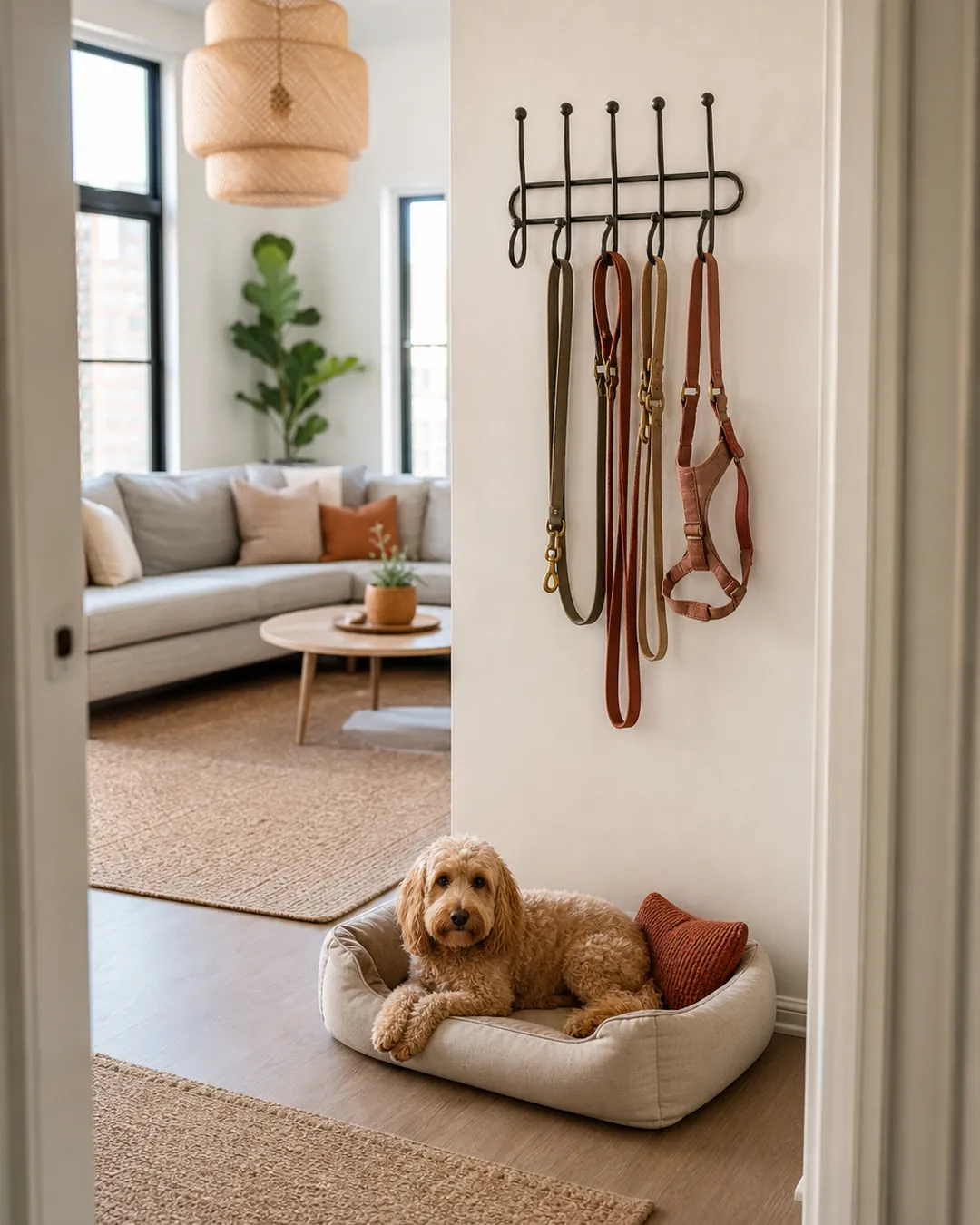 Metal leash holder mounted above a dog bed with leads and a harness hanging
