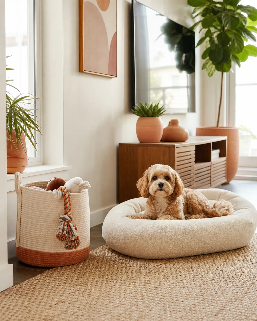 Collapsible woven toy basket beside a dog bed with a rope toy over the rim
