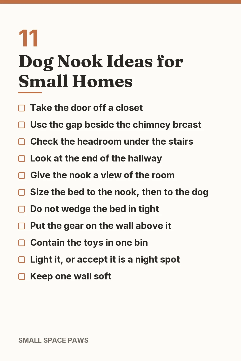 Checklist of every idea in 11 Dog Nook Ideas for Small Homes