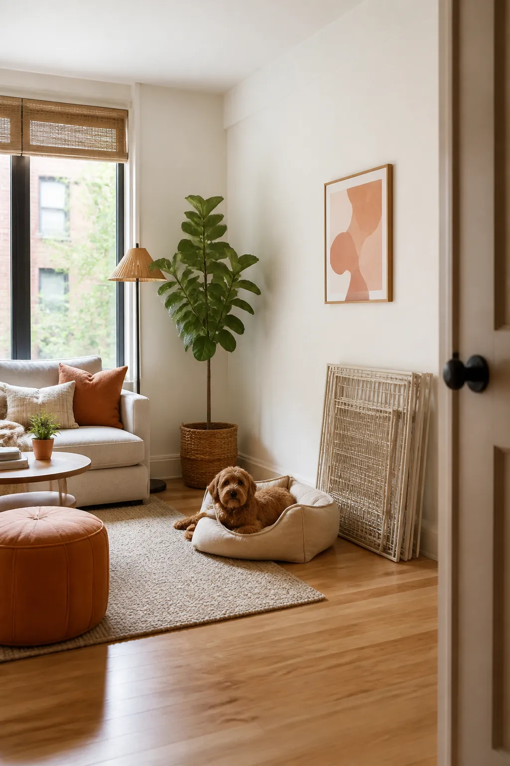 Folded playpen panels leaning against a living room wall beside an empty dog bed