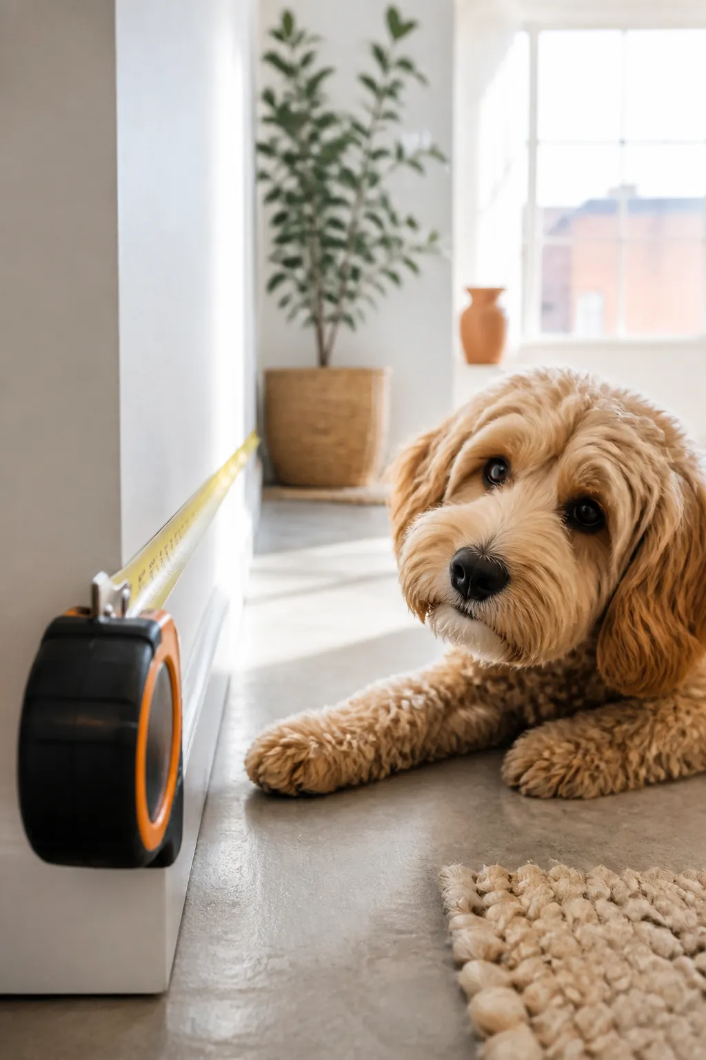 Tape measure stretched across a bare living room corner between two walls