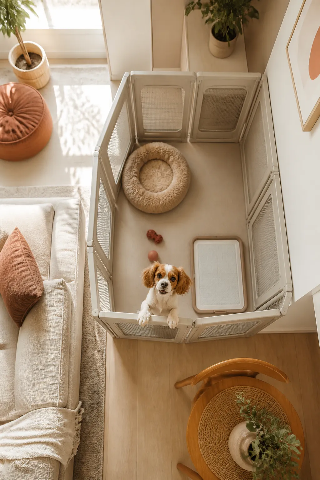 Dog standing on hind legs with front paws reaching up against a playpen panel