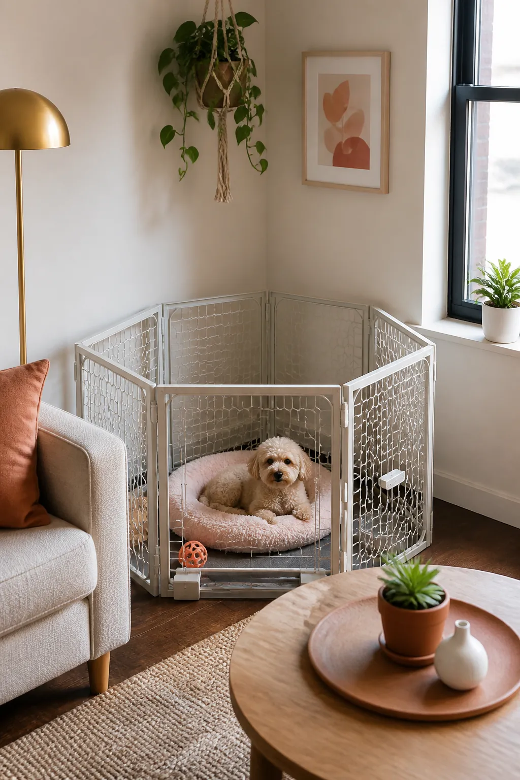 Hexagonal playpen pushed into a living room corner with panels against two walls