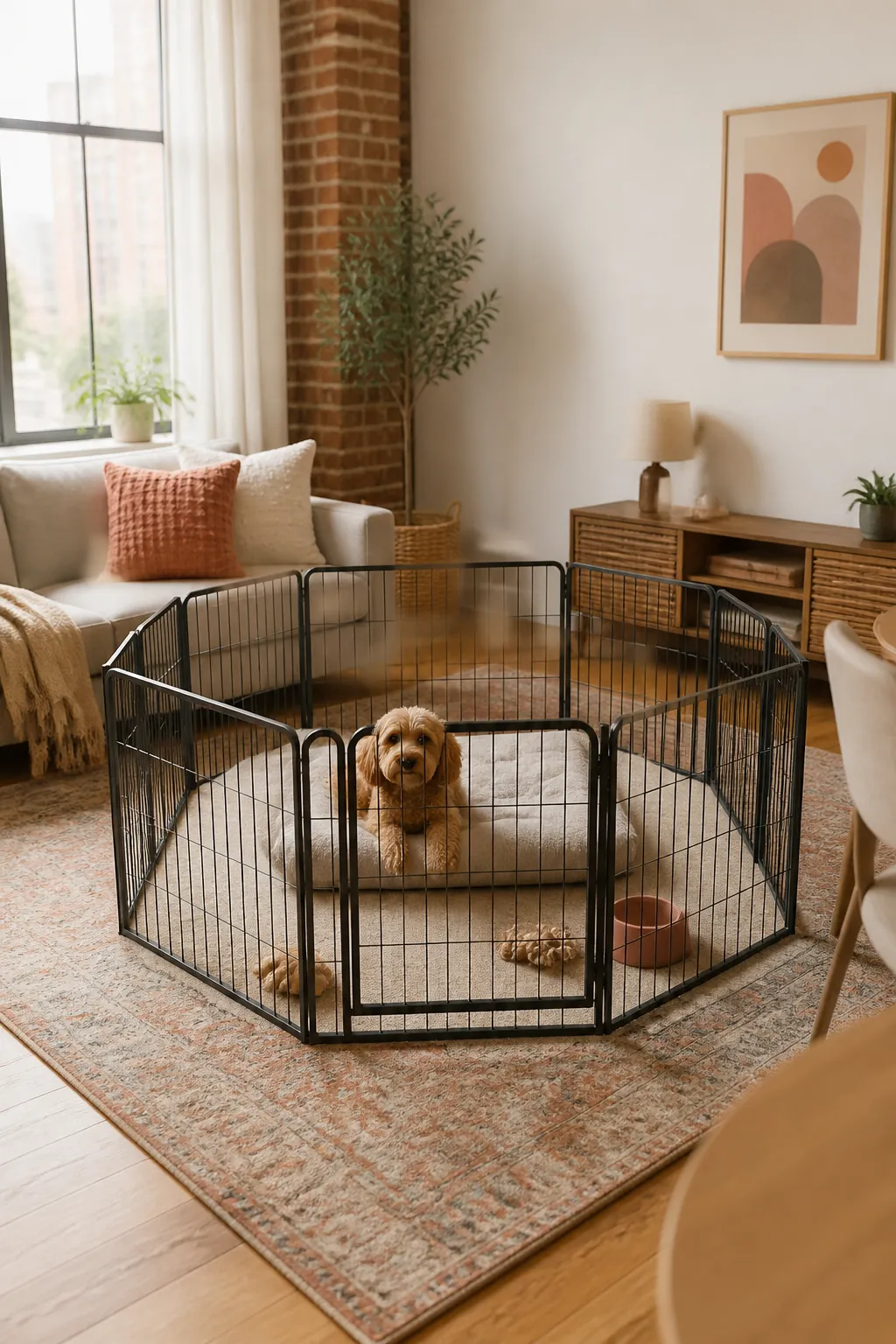 Washable rug spread under a full playpen footprint, edges extending past the panels