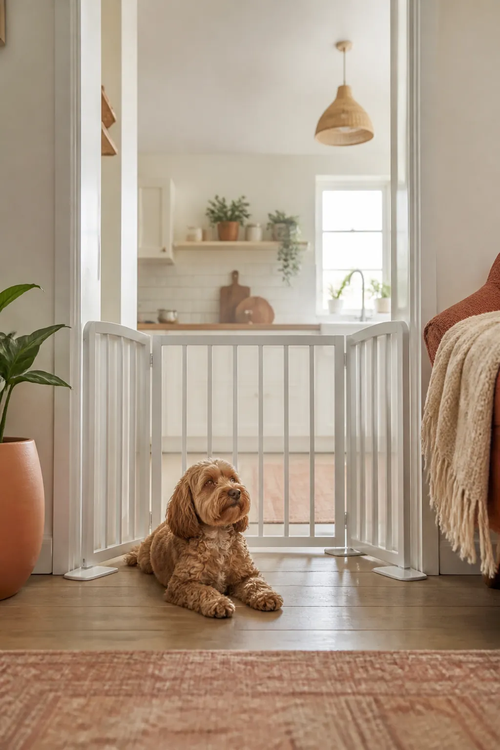 Freestanding pet gate standing across a kitchen doorway with no wall fittings