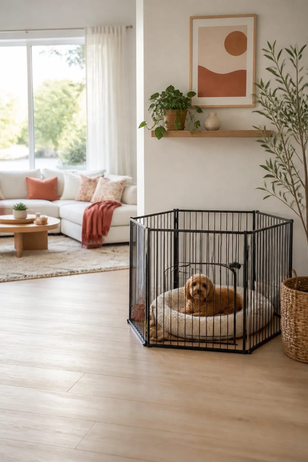 Playpen positioned on a hard-floor section of a room with carpet in the adjoining area