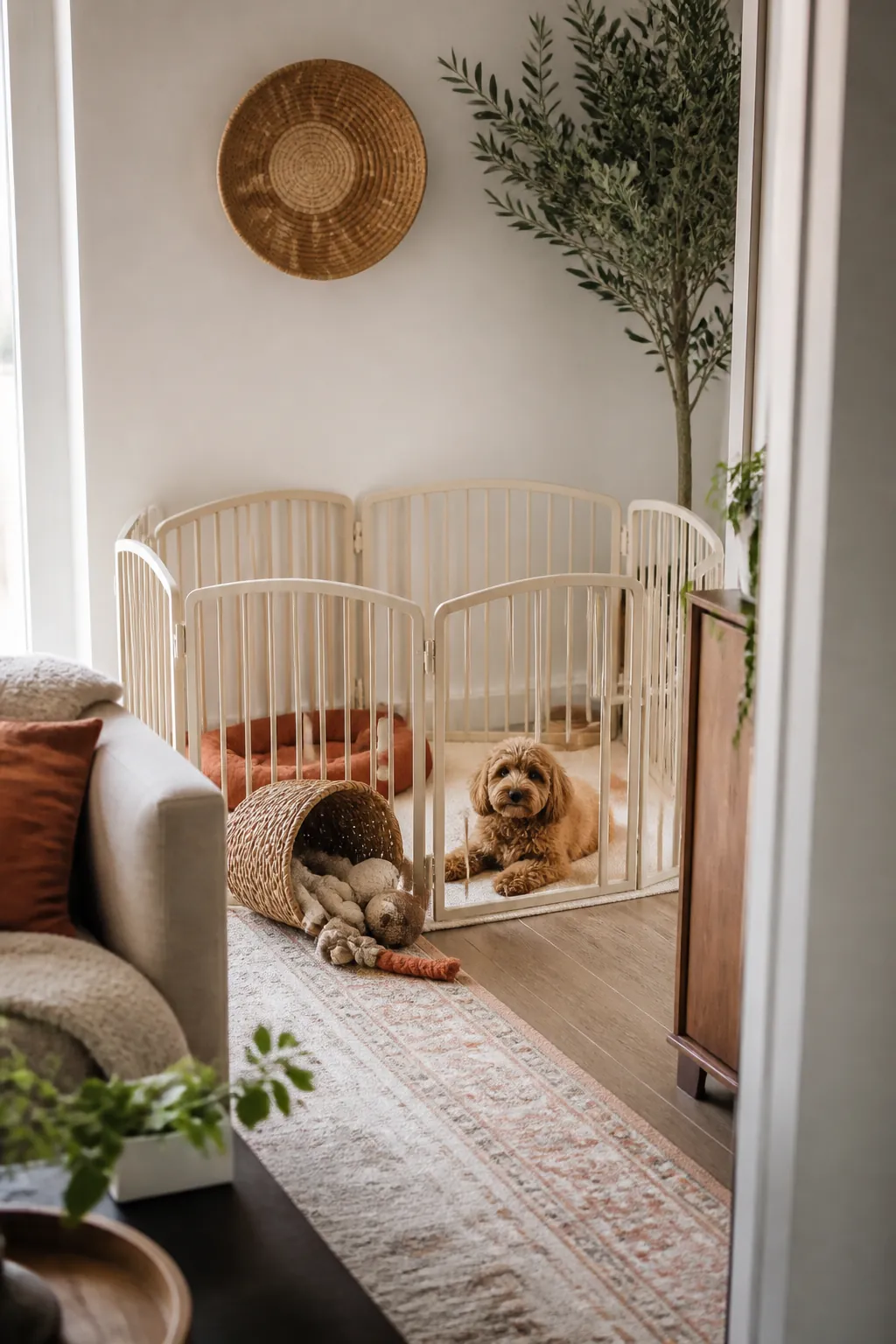Small woven toy basket inside a playpen with a few toys near the panel wall