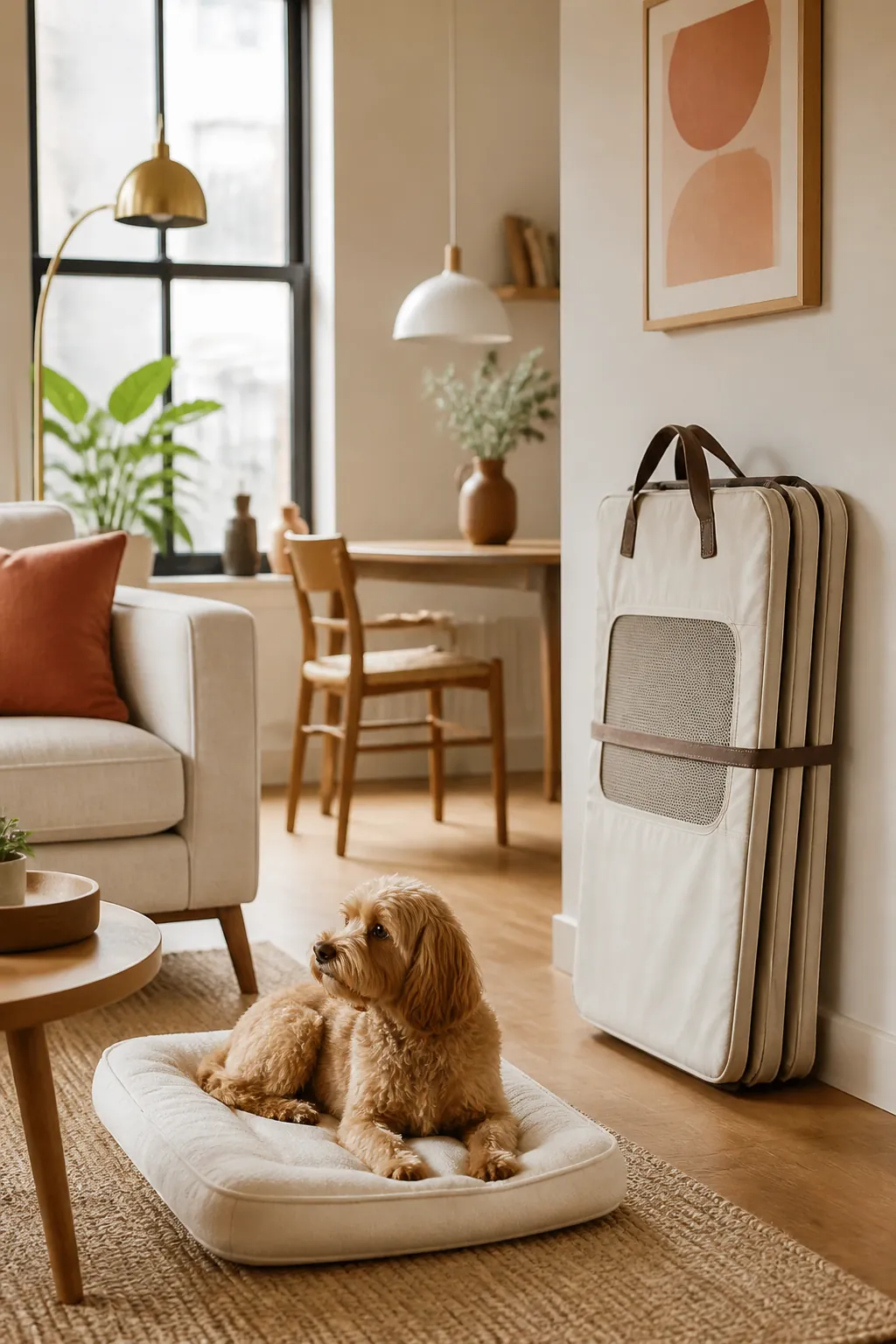 Playpen panels folded flat and stacked in a bag standing upright against a wall