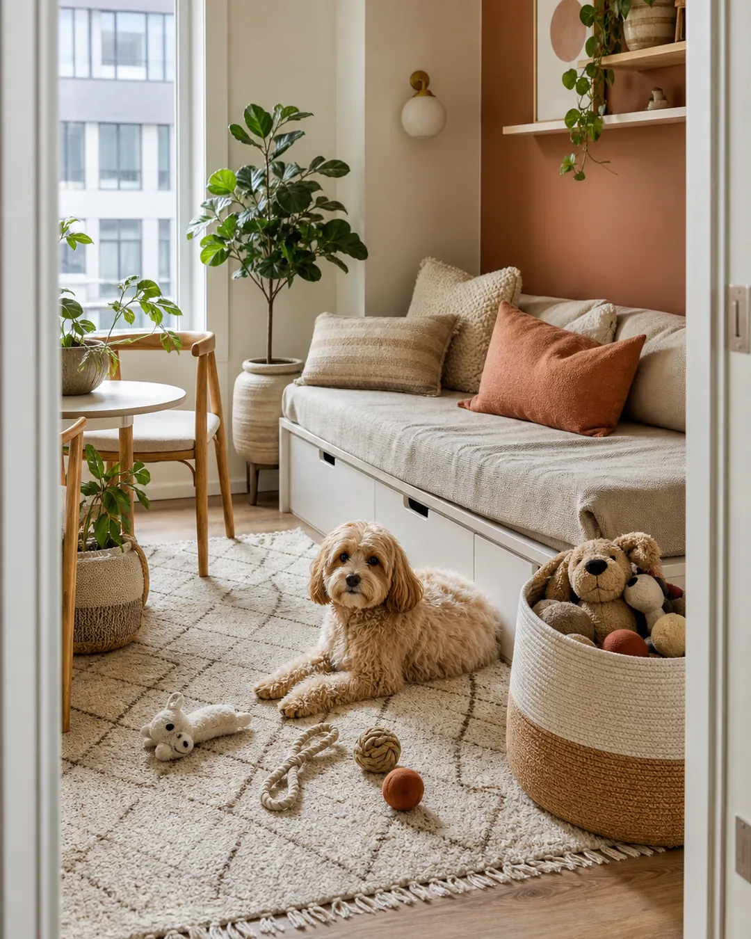 Dog lying on a rug with several toys scattered around it and a basket nearby