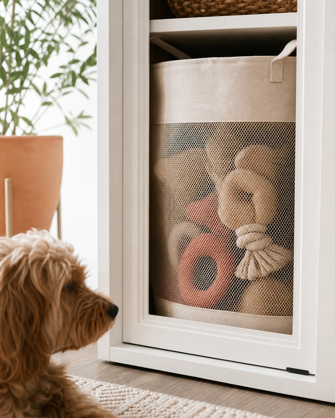 Cabinet shelf holding a bag of stored dog toys behind a part-open door