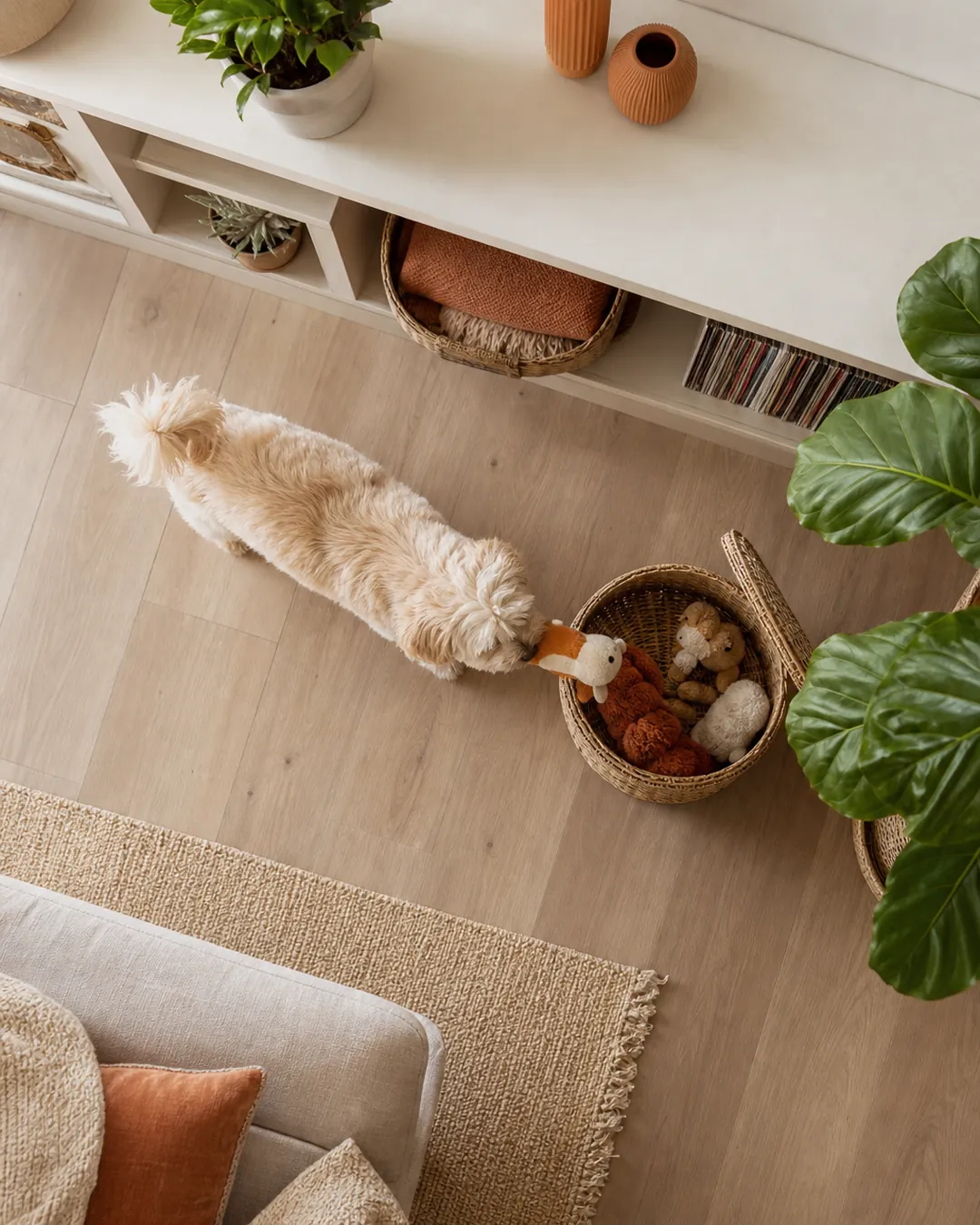 Dog taking a toy from an open basket standing at floor level