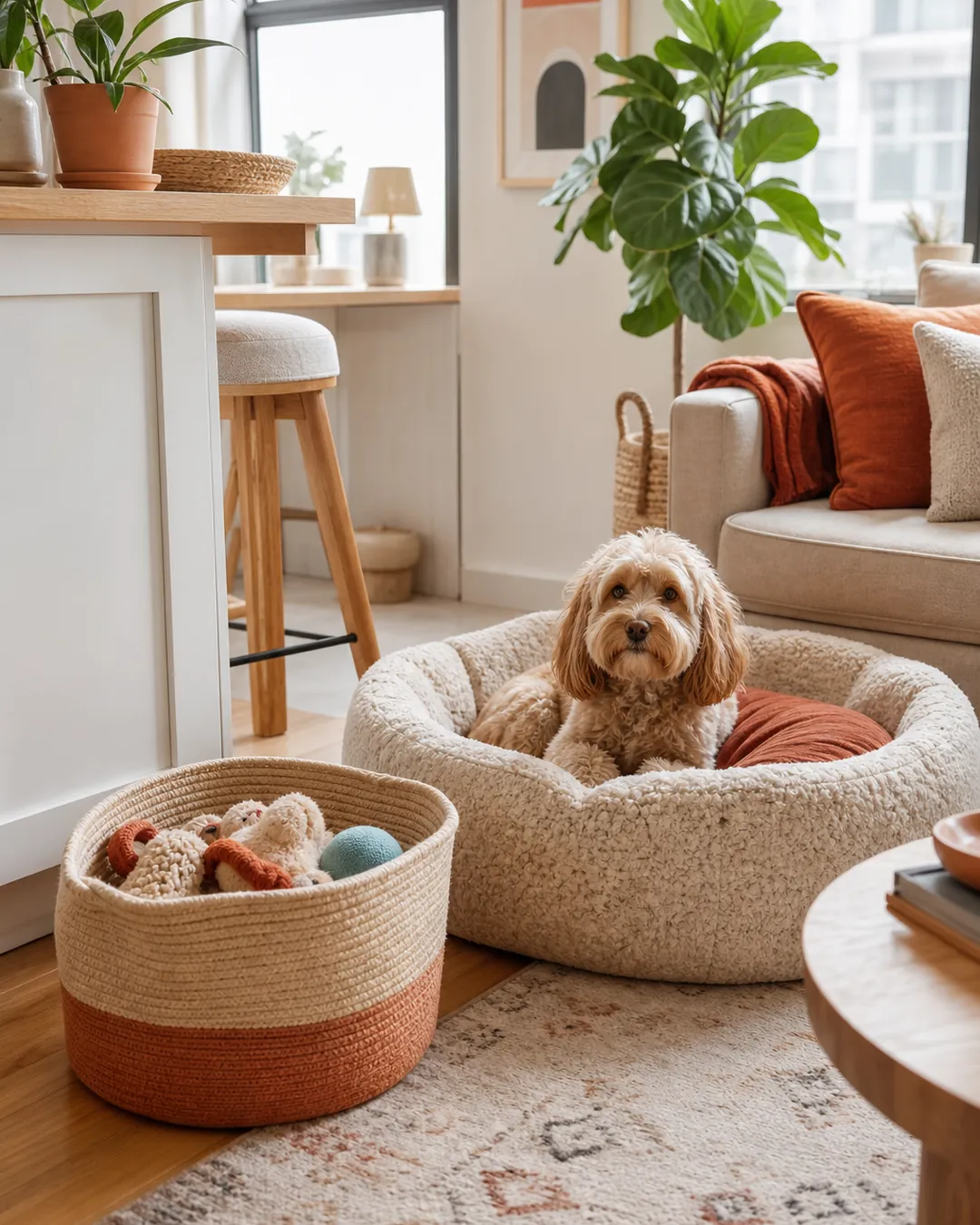 Open woven rope basket of dog toys with no lid, beside a dog bed