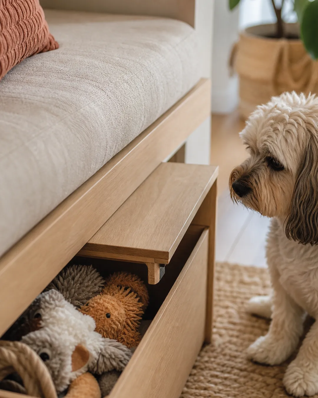 Lidded storage box of toys tucked under a bench out of the main room