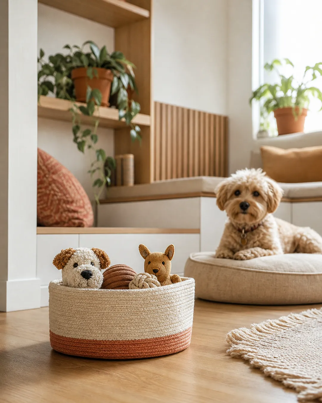 Small basket holding exactly four dog toys with a little room to spare