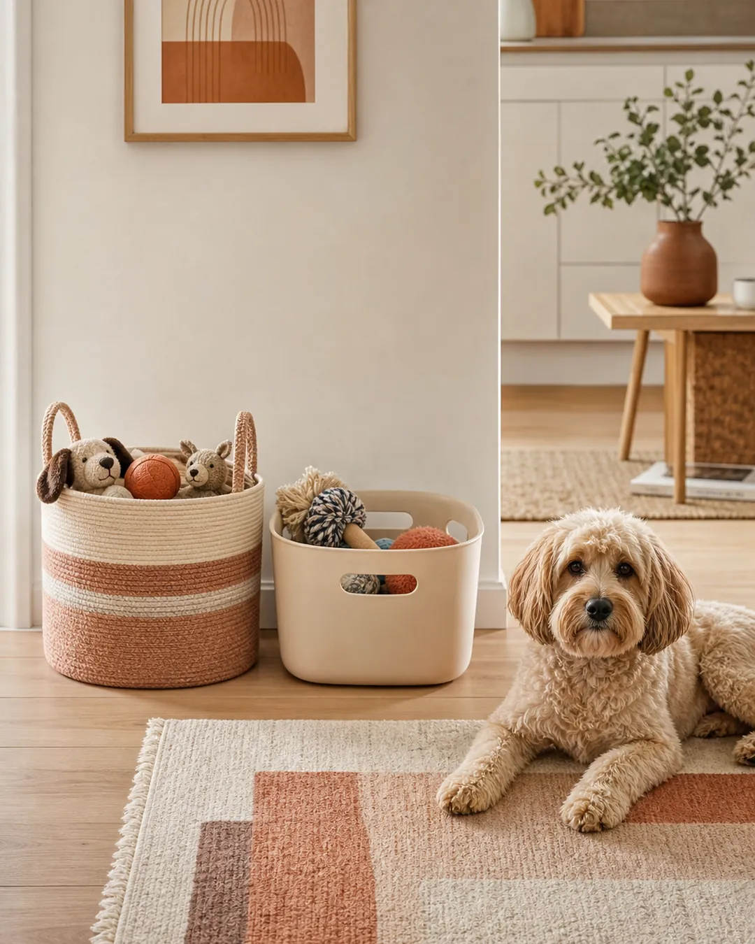 Woven cotton toy basket standing beside a molded plastic one on a floor