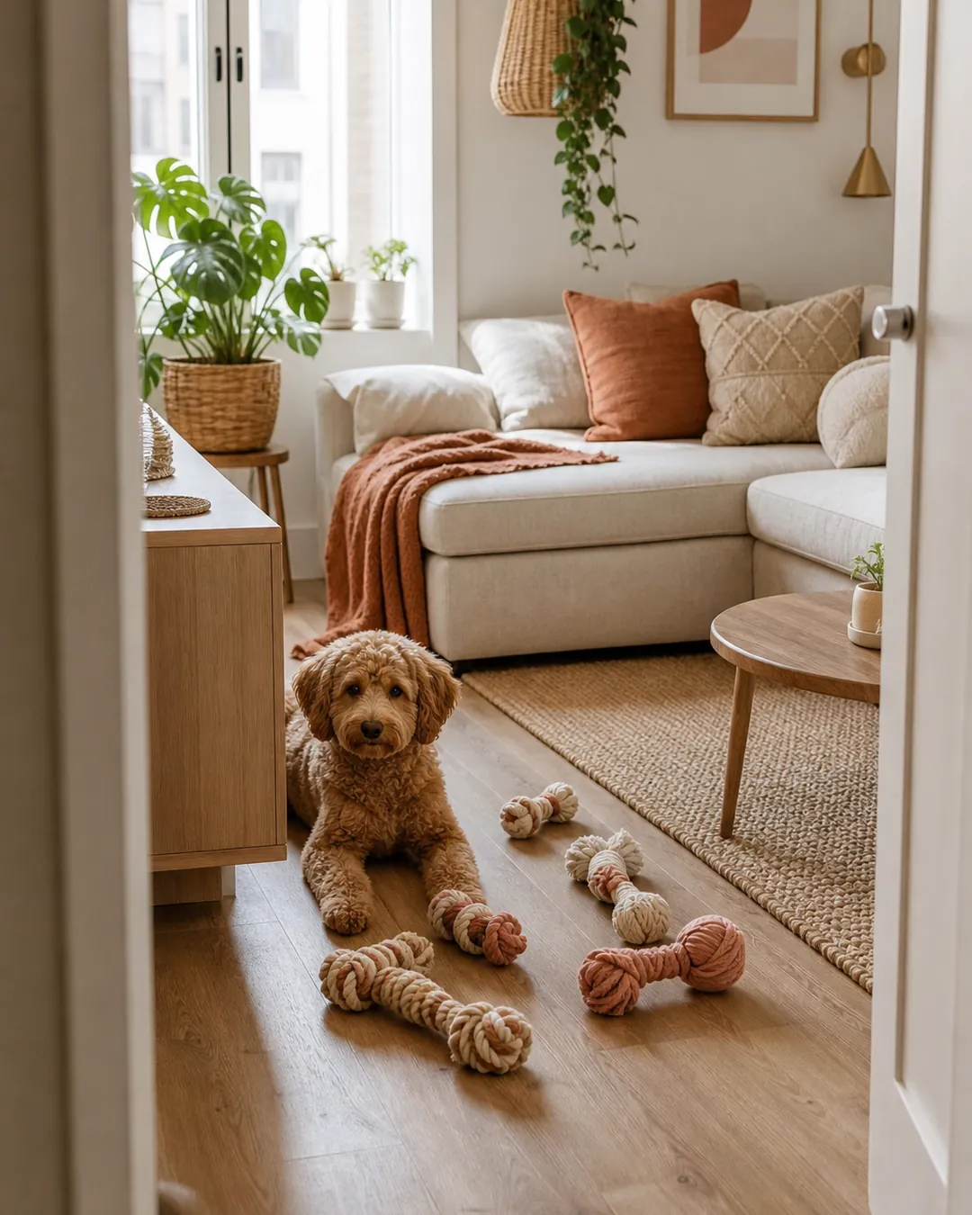 Multipack of cotton rope dog toys spread out across a wooden floor