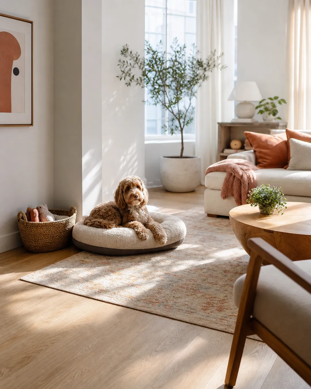 Toy basket in a fixed corner beside a dog bed with clear floor around