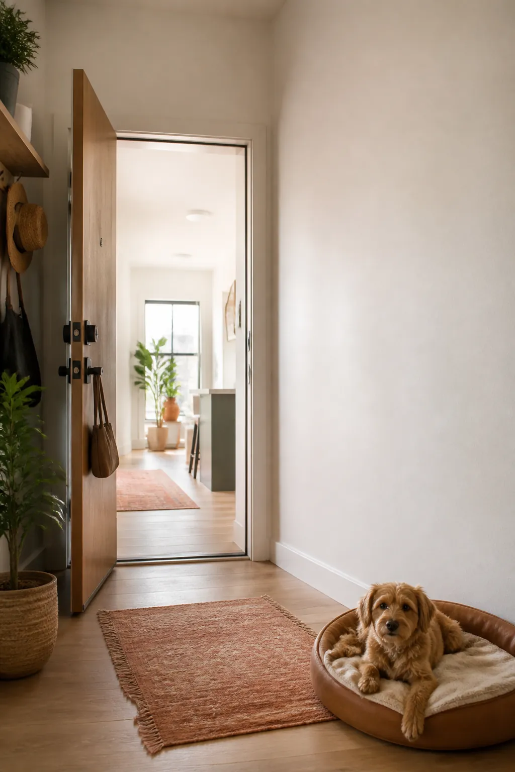 Front door held fully open in an apartment entryway beside a bare clear wall