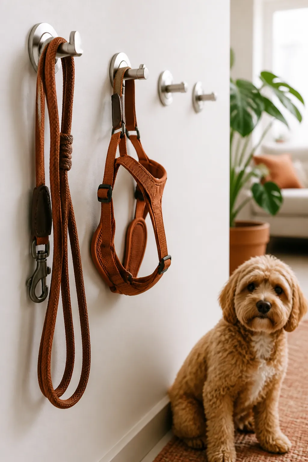 Row of metal wall hooks holding a leash and harness spaced apart on a wall