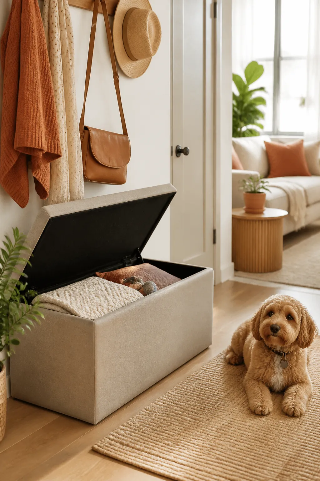 Folding storage ottoman bench in an entryway with its lid open showing storage