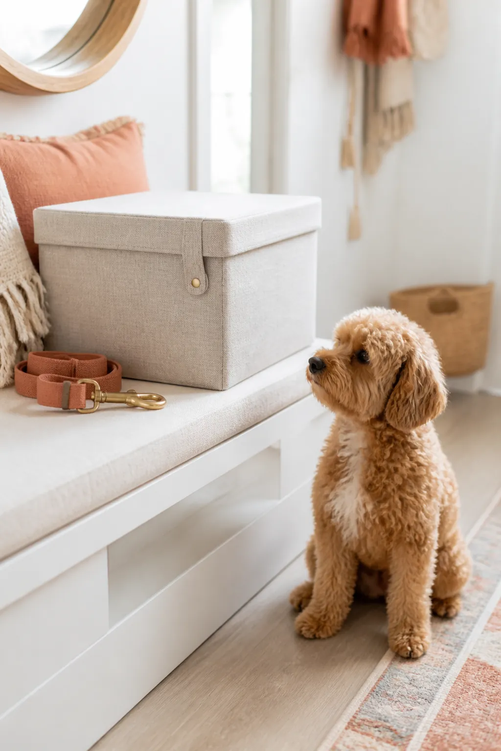 Lidded fabric storage bin sitting on an entryway bench beside a folded leash