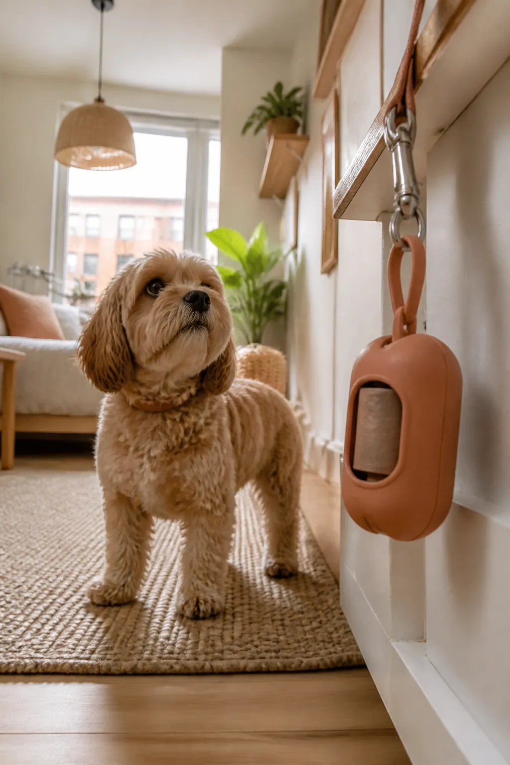 Poop bag dispenser clipped to a wall leash hook with a full roll of bags