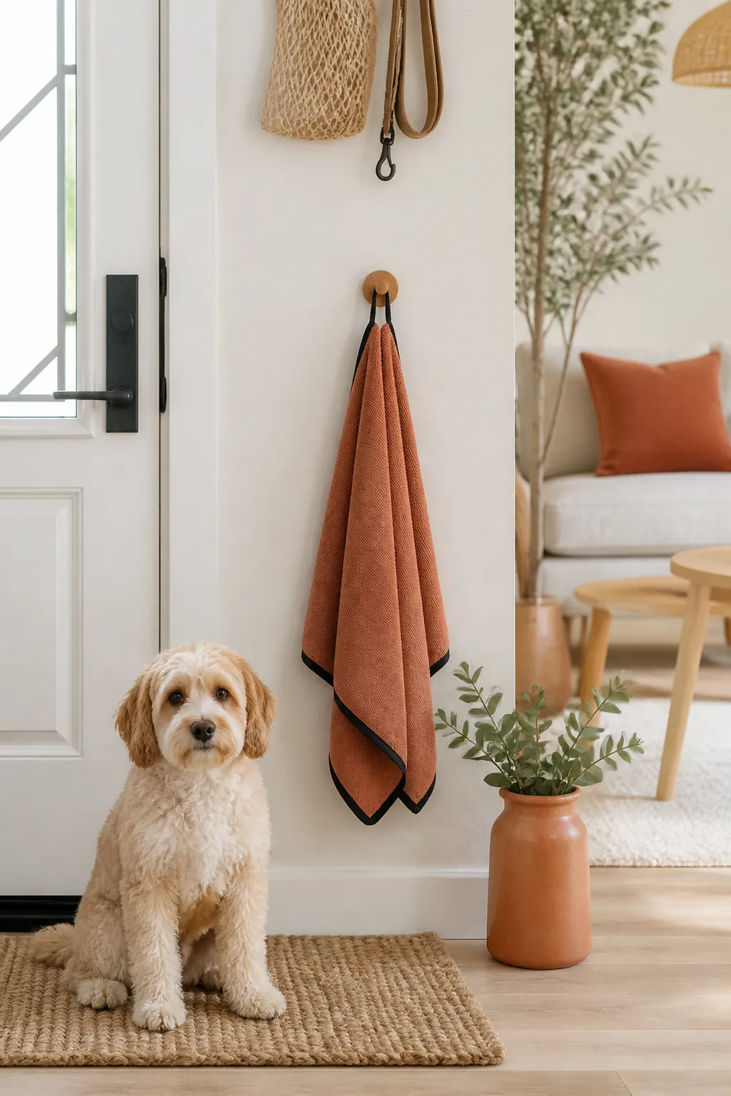 Microfiber paw-wipe towel hanging from a low hook near an apartment front door