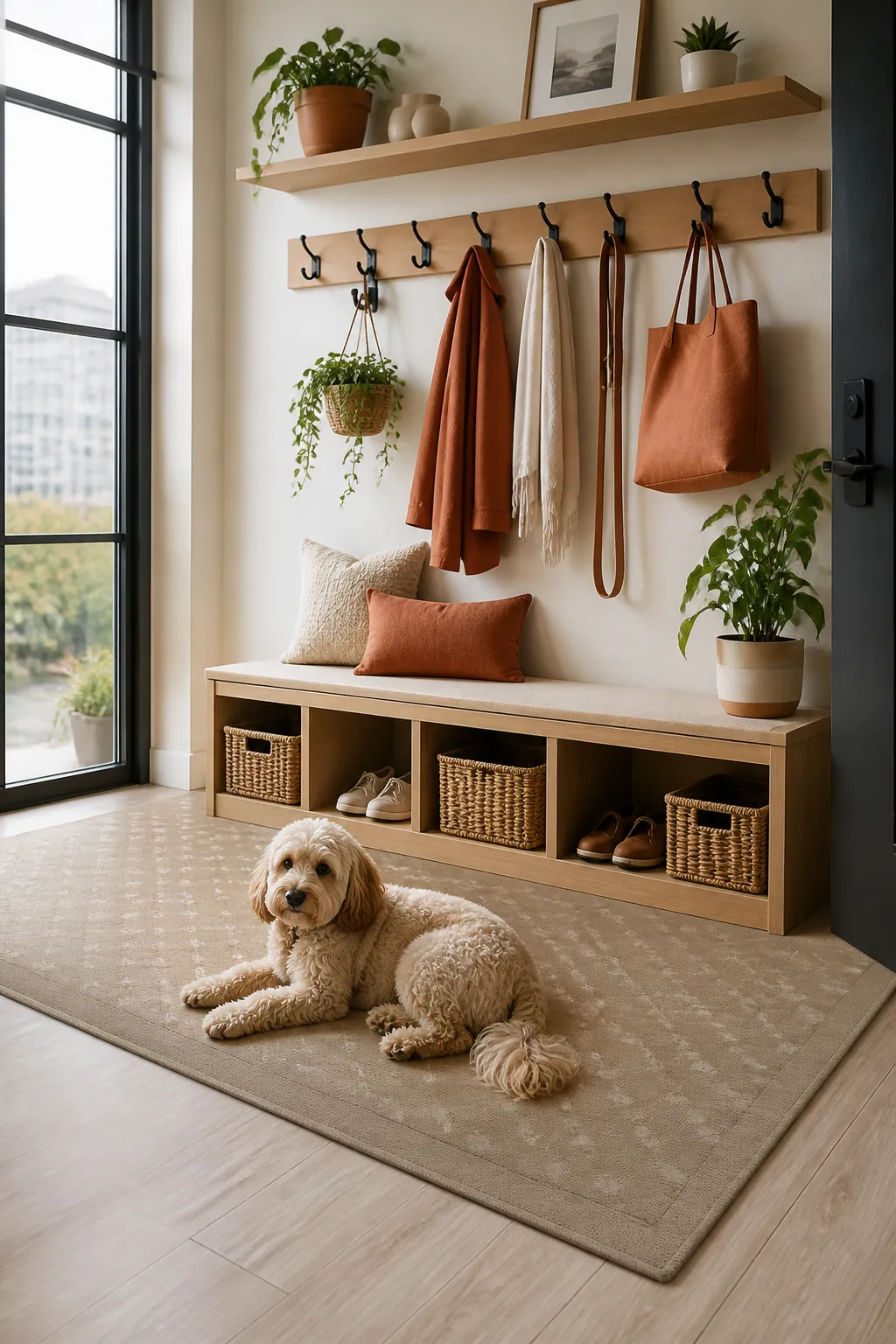 Washable rubber-backed mat laid under an entryway bench and leash hook station