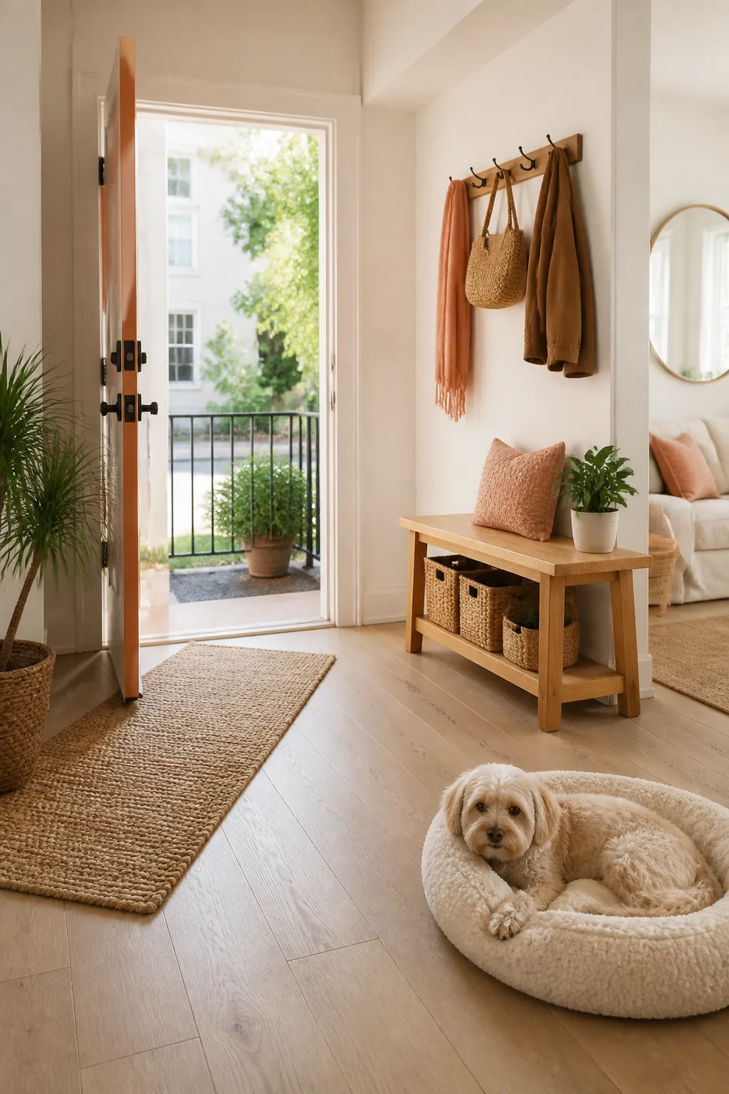 Front door swung fully open in an entryway with the bench clear of its arc