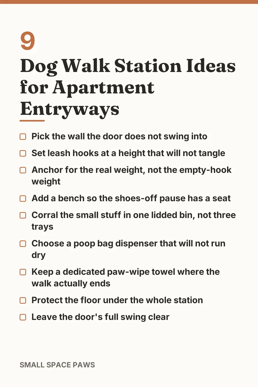 Checklist of every idea in 9 Dog Walk Station Ideas for Apartment Entryways